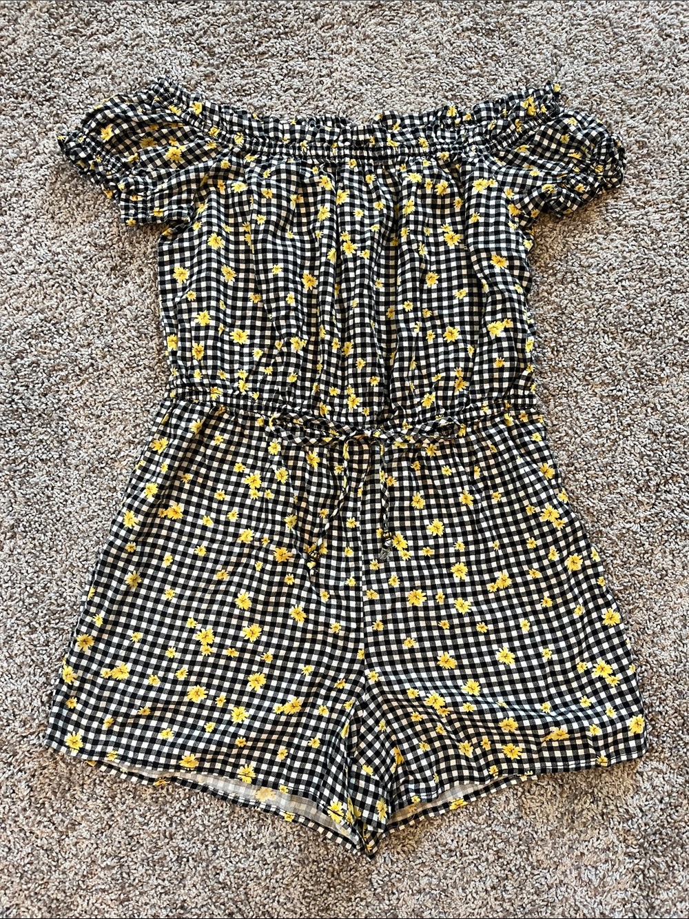 BeBop Black Gingham Off-Shoulder Romper with Yellow Floral Print